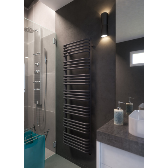 TERMA Alex ONE dizajnový radiátor 1140x600 farba Modern Grey inšpirácie - kúpeľňa